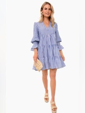 Pomander Place Blue White Striped Tiered Mini Dress Smocked Cuffs Small